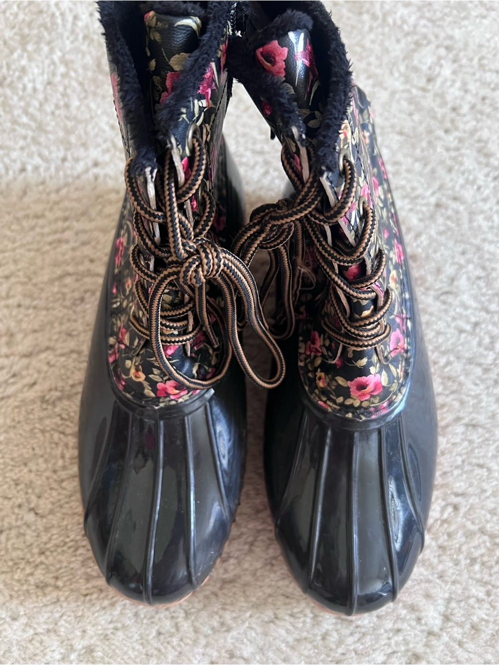 Sporto Brown Rubber with Pink Floral Lace-Up Rain & Snow Boots Women 9 GUC - Picture 2 of 12